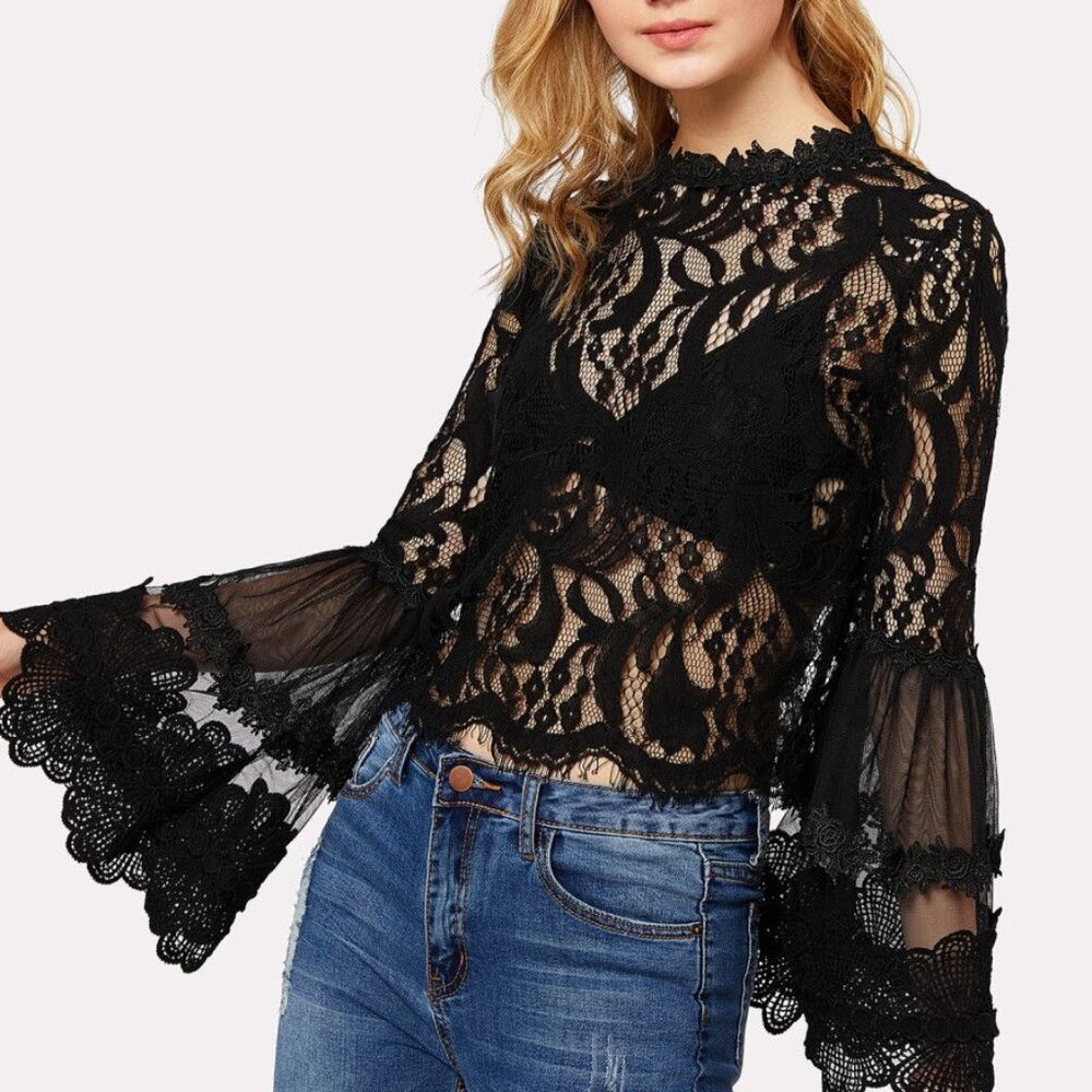 Mind Code Goth Witchy Whimsigoth Lace Mesh Bell Sleeve Black Crop Top